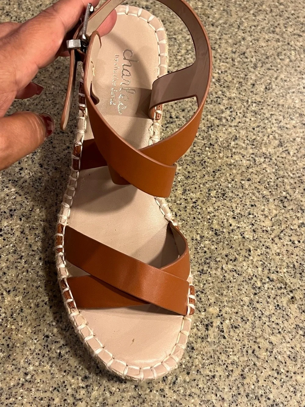 Charles David Cognac Leather Espadrille Wedge Sandals